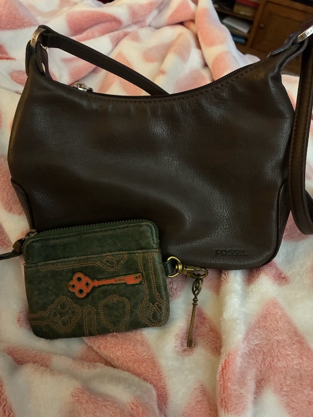 Fossil Brown Leather Crossbody with Green Suede Key Pouch
